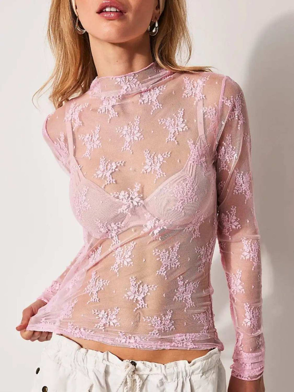 Lace Mock Neck Long Sleeve Blouse - Trendsi - Flyclothing LLC