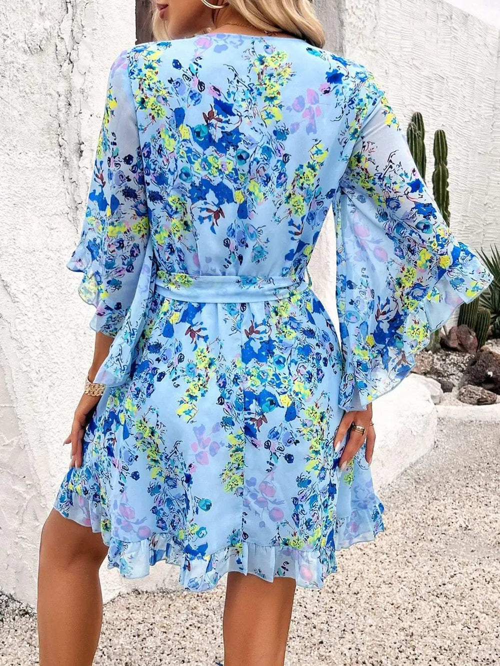 Ruffled Printed Surplice Half Sleeve Mini Dress - Trendsi - Flyclothing LLC