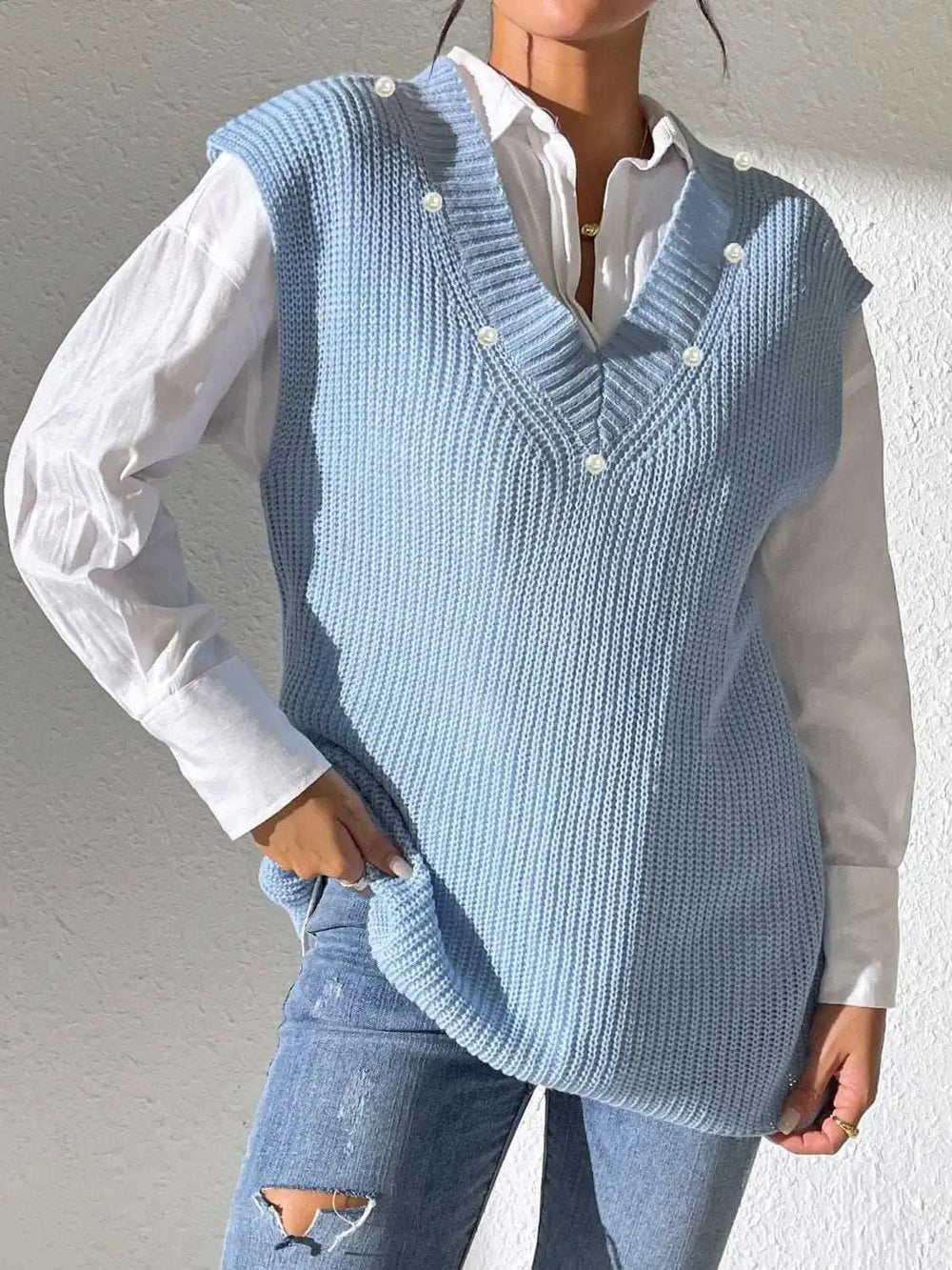 Pearl Trim V-Neck Sweater Vest - Trendsi - Flyclothing LLC
