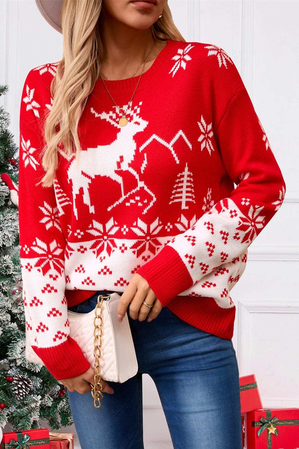Angel Wings Deer Pattern Round Neck Long Sleeve Sweater - Trendsi - Flyclothing LLC