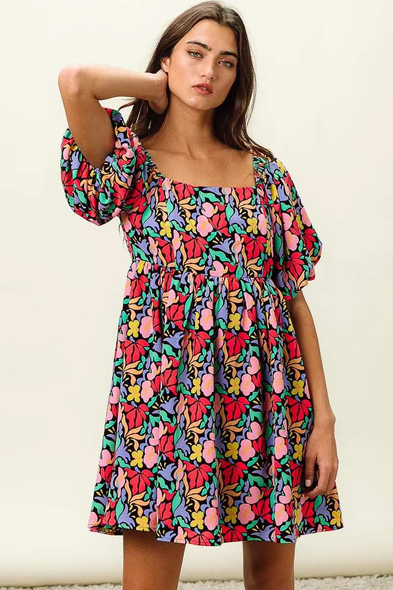 BiBi Floral Print Puff Square Neck Dress - Trendsi - Flyclothing LLC