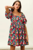 BiBi Floral Print Puff Square Neck Dress - Trendsi - Flyclothing LLC