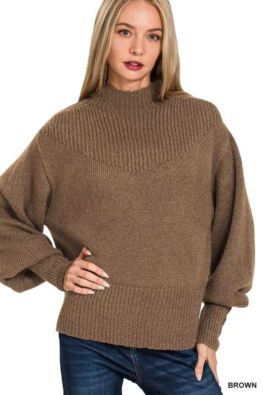 Zenana Balloon Sleeve Mock Neck Sweater - Trendsi - Flyclothing LLC