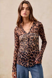 BiBi Leopard Printed Mesh Shirt With Button Up V Neck - Trendsi - Flyclothing LLC