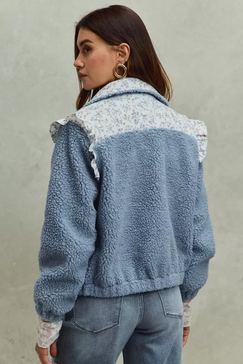 SO ME Faux Fur Sherpa Pull Jacket with Floral Contrast - Trendsi - Flyclothing LLC