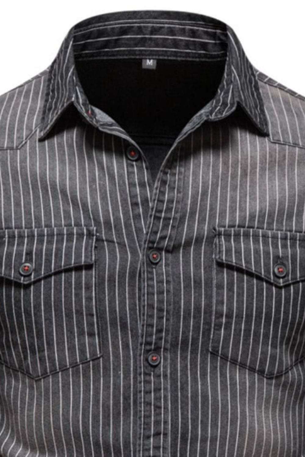 Men's Striped Collared Neck Button Down Denim Shirt - Trendsi - Flyclothing LLC