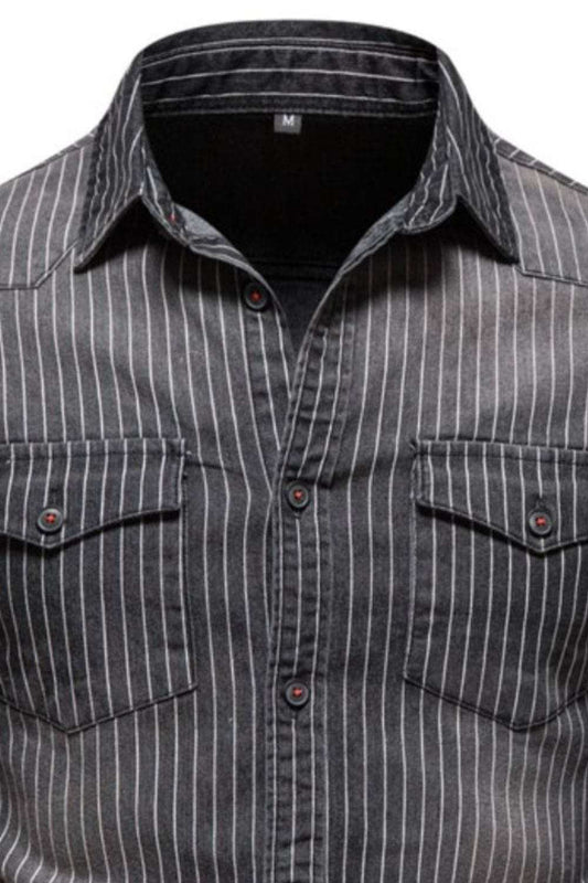 Men's Striped Collared Neck Button Down Denim Shirt - Trendsi - Flyclothing LLC