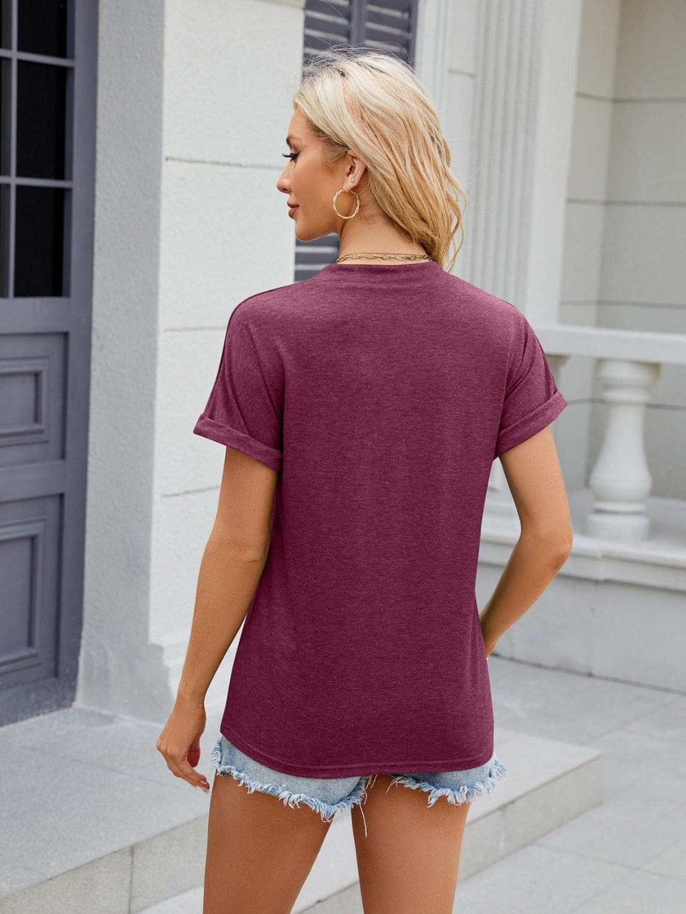 Florira Notched Short Sleeve T-Shirt - Trendsi - Flyclothing LLC