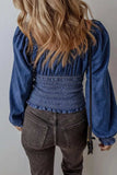Smocked Long Sleeve Denim Top - Trendsi - Flyclothing LLC