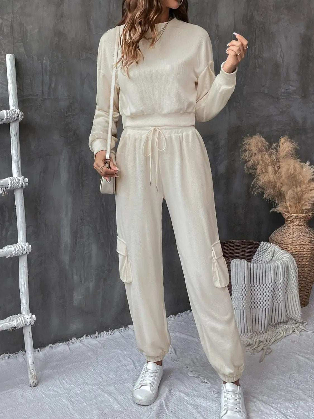 Round Neck Long Sleeve Top and Pants Set - Trendsi - Flyclothing LLC