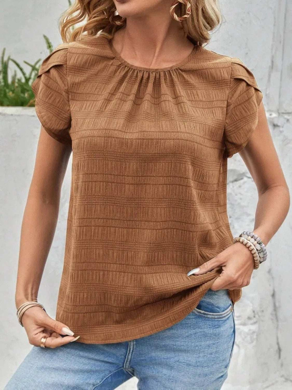 Round Neck Petal Sleeve Top - Trendsi - Flyclothing LLC