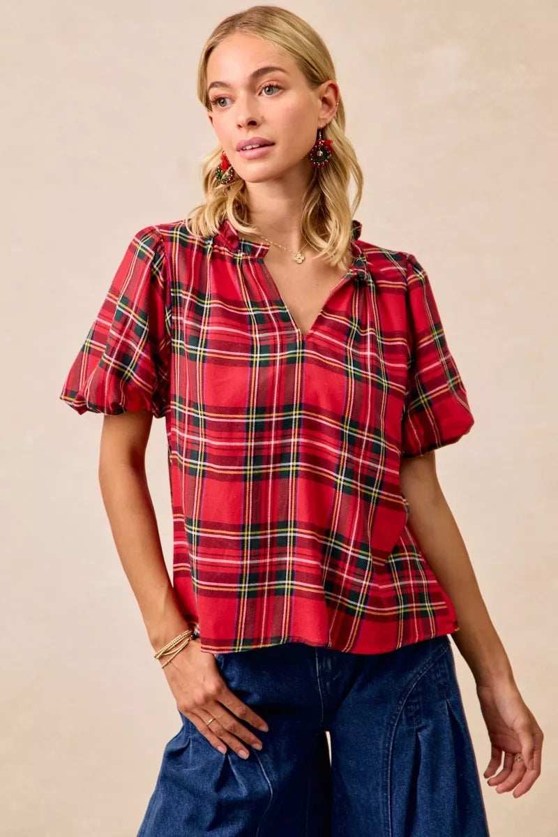 BiBi Christmas Plaid Short Sleeves Ruffled Blouse - Trendsi - Flyclothing LLC