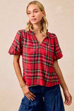 BiBi Christmas Plaid Short Sleeves Ruffled Blouse - Trendsi - Flyclothing LLC