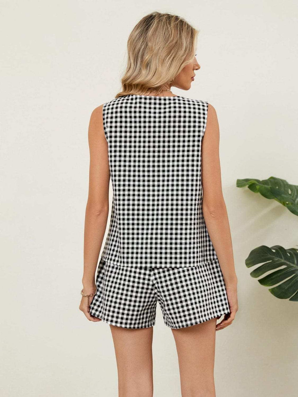 Plaid V-Neck Sleeveless Top and Shorts Set - Trendsi - Flyclothing LLC