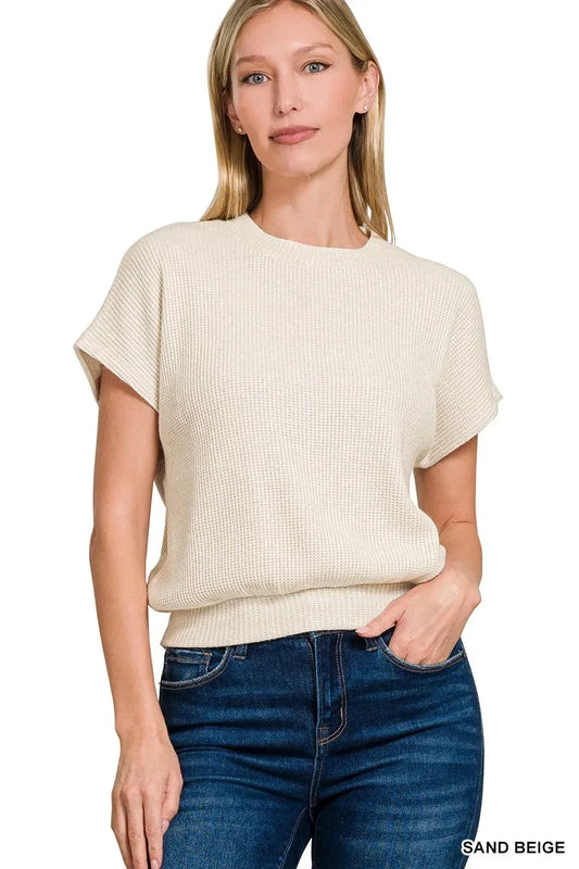 Zenana Round Neck Banded Botton Short Sleeve Sweater - Trendsi - Flyclothing LLC