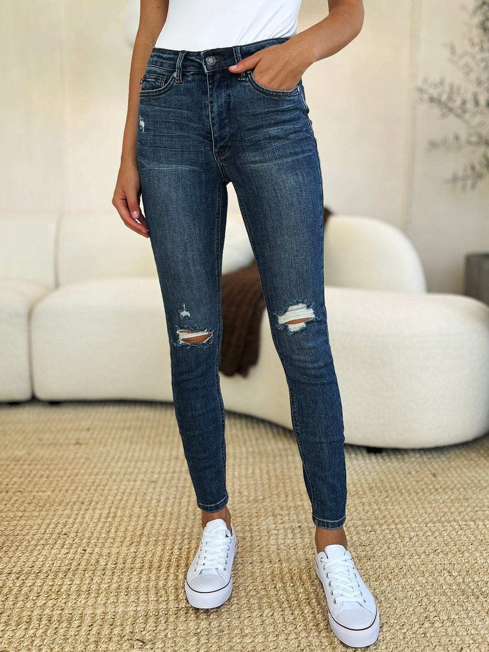 Judy Blue Full Size Mid Waist Distressed Slim Jeans - Trendsi - Flyclothing LLC