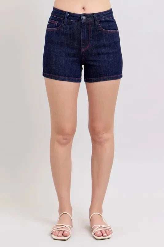 Judy Blue Full Size High Waist Heart Shaped Pkts & Red Contrast Thread Denim Shorts Plus Size - Trendsi - Flyclothing LLC