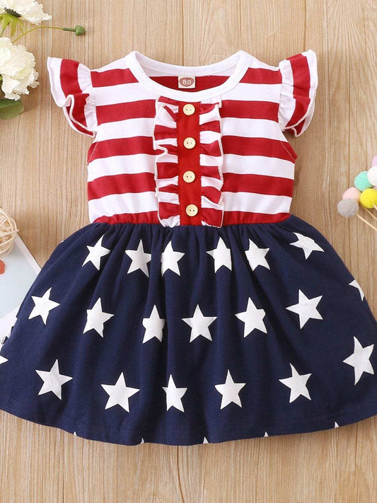 Striped & Stars Ruffled Round Neck Cap Sleeve Dress - Trendsi - Flyclothing LLC