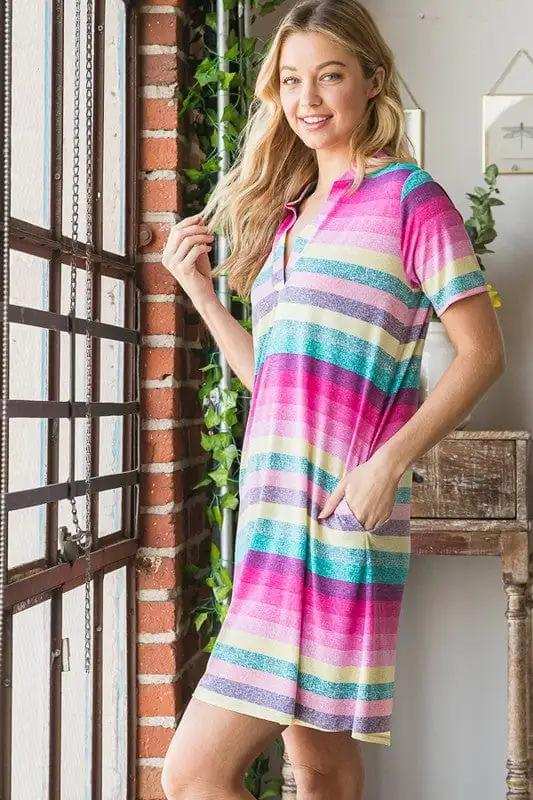Heimish Full Size Striped Short Sleeve Mini Tee Dress Plus Size - Trendsi - Flyclothing LLC