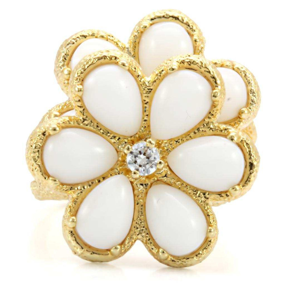 1W045 - Gold Brass Ring with Synthetic Synthetic Glass in White - Alamode - Flyclothing LLC