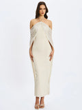 Quimera Almond Beaded Cape Halter Off-Shoulder Maxi Gown - Miss Circle - Flyclothing LLC