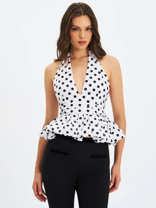 Ilene White and Black Polka Dot Bubble Hem Halter Top - Miss Circle - Flyclothing LLC
