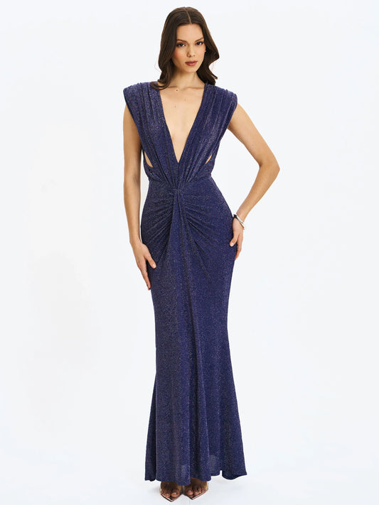 Terri Navy Sparkle Plunging Backless Maxi Dress - Miss Circle - Flyclothing LLC