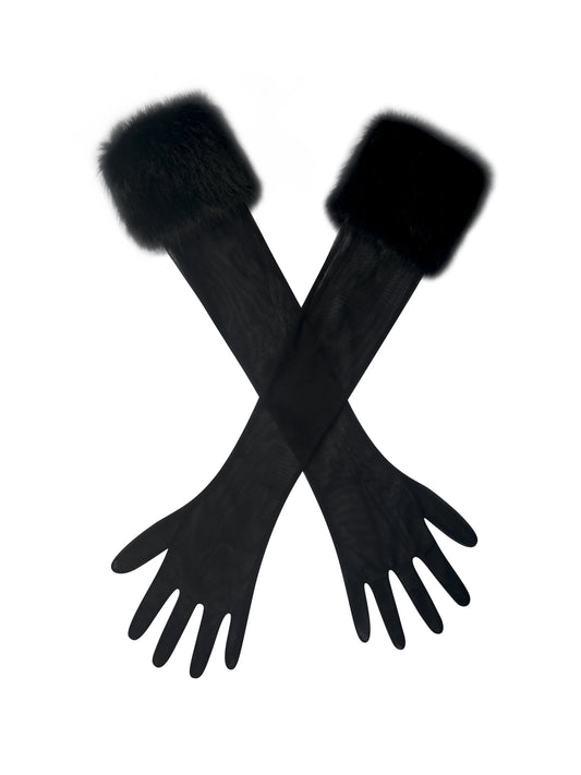 Eve Black Fur-Trimmed Mesh Opera-length Gloves - Miss Circle - Flyclothing LLC