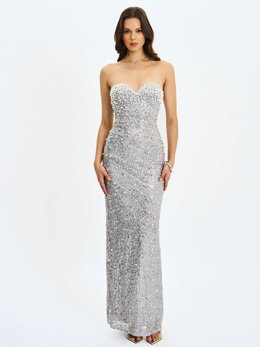 Noelle Silver Sequin Pearl-Embellished Sweetheart Maxi Dress - Miss Circle - Flyclothing LLC