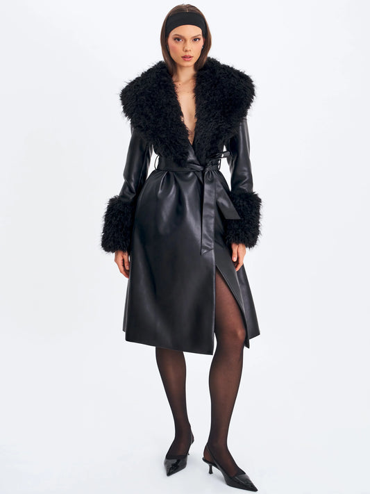 Zariah Black Faux Fur Trimmed Longline Coat - Miss Circle - Flyclothing LLC