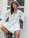 Plus Size Lace Detail Tie Neck Three-Quarter Sleeve Mini Dress - Trendsi - Flyclothing LLC