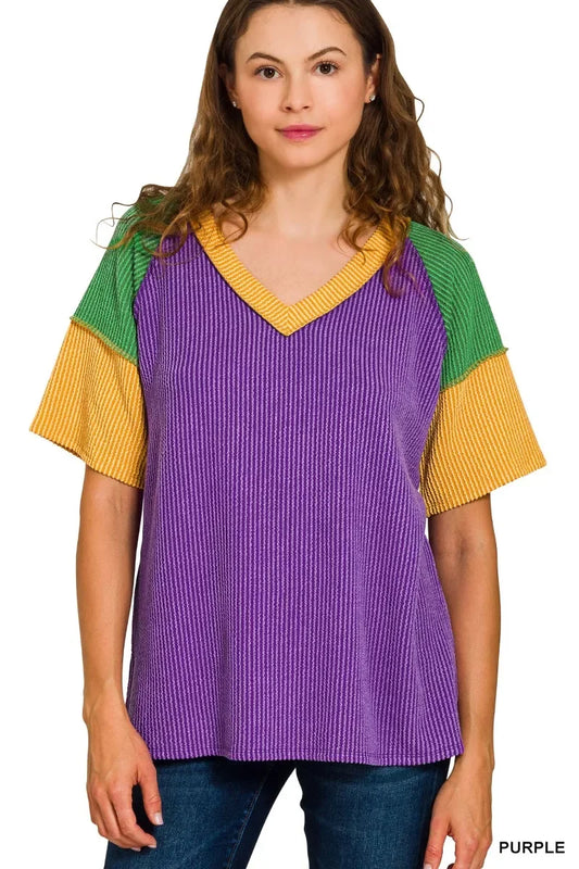 Zenana Mardi Gras Raised Rib Color Block Top - Trendsi - Flyclothing LLC