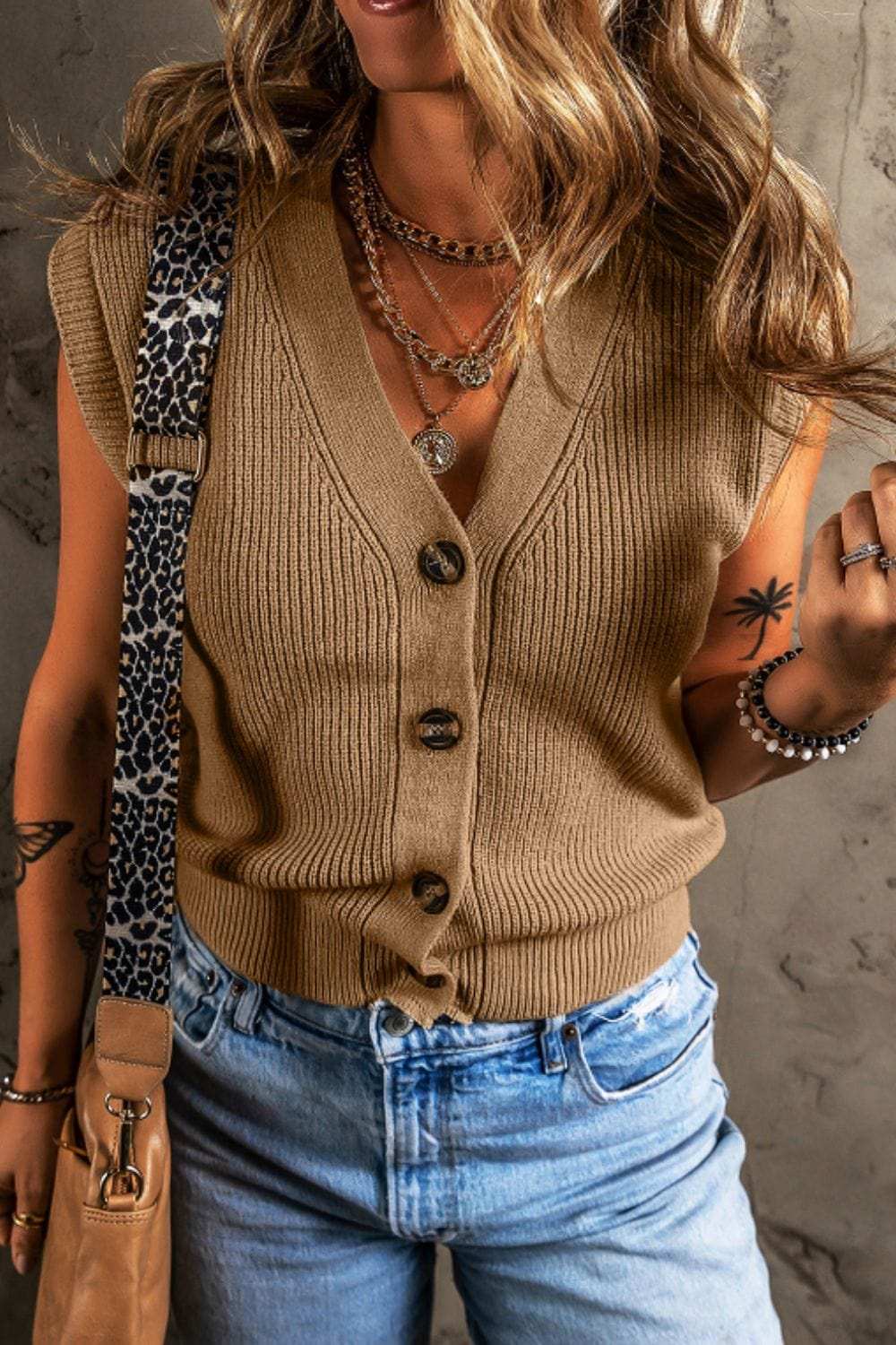 Button Up V-Neck Sweater Vest - Trendsi - Flyclothing LLC