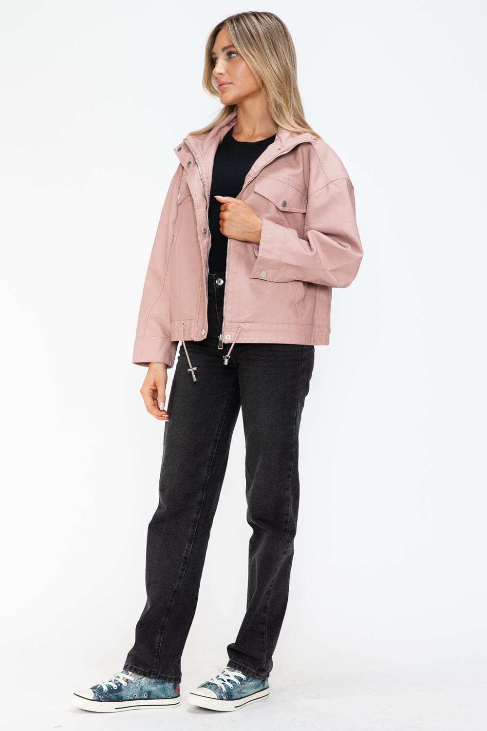 How Dare U Drawstring Hem PU Leather Zip Up Jacket - Trendsi - Flyclothing LLC