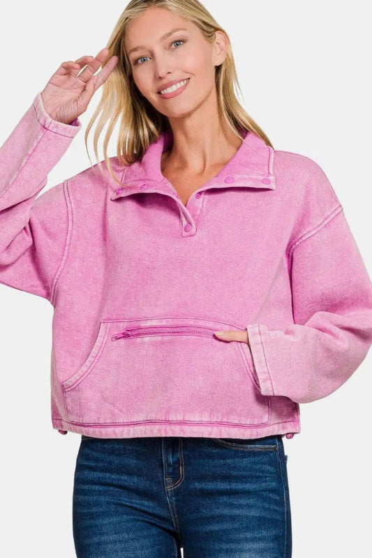 Zenana Acid Wash Fleece Half Snap Sweatshirt with Pocket - Trendsi - Flyclothing LLC