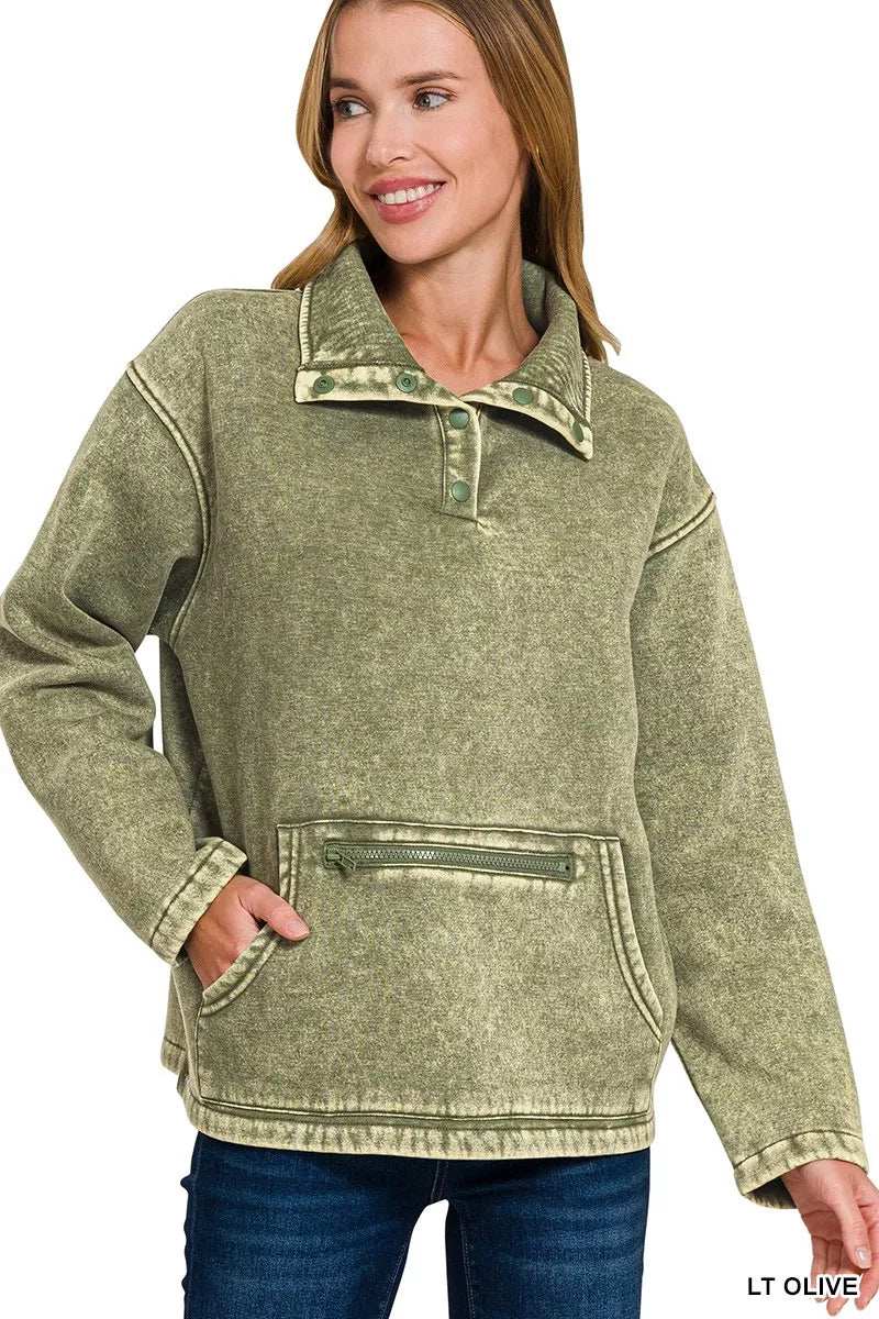 Zenana Fleece Washed High Neck Kangaroo Pocket Sweatshirt - Trendsi - Flyclothing LLC