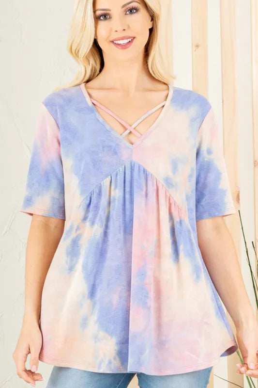 Heimish Full Size Crisscross Tie Dye Babydoll Top Plus Size - Trendsi - Flyclothing LLC