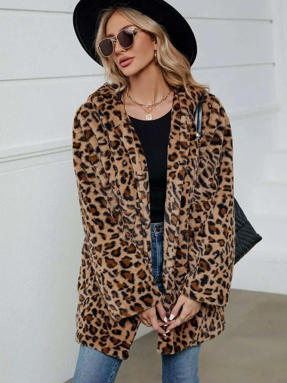 Fuzzy Leopard Hooded Long Sleeve Jacket - Trendsi - Flyclothing LLC