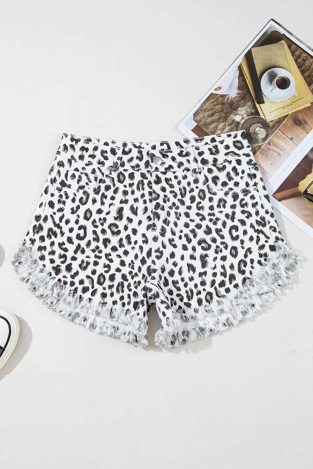 Leopard Frayed Hem Denim Shorts - Trendsi - Flyclothing LLC