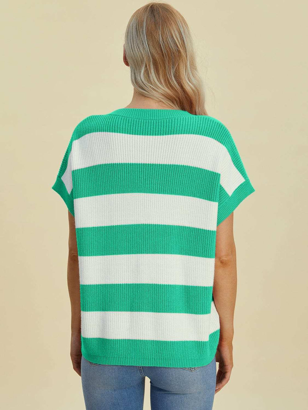 Double Take Full Size Striped V-Neck Short Sleeve Sweater - Trendsi - Flyclothing LLC
