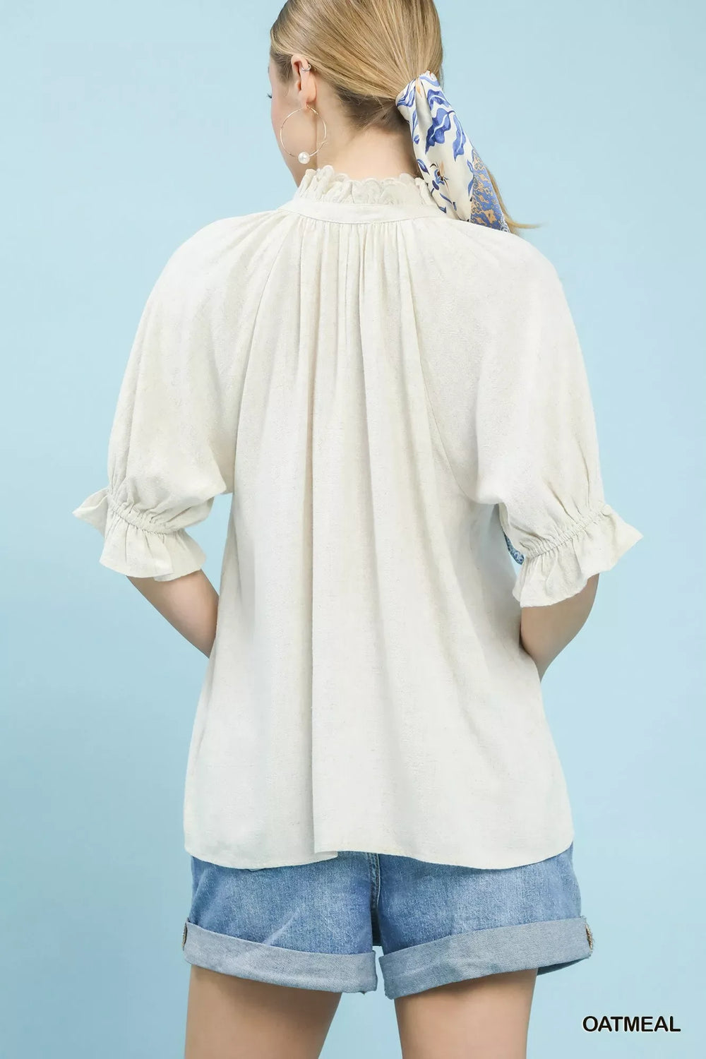Umgee Linen Scalloped Ruffle Neck Blouse - Trendsi - Flyclothing LLC