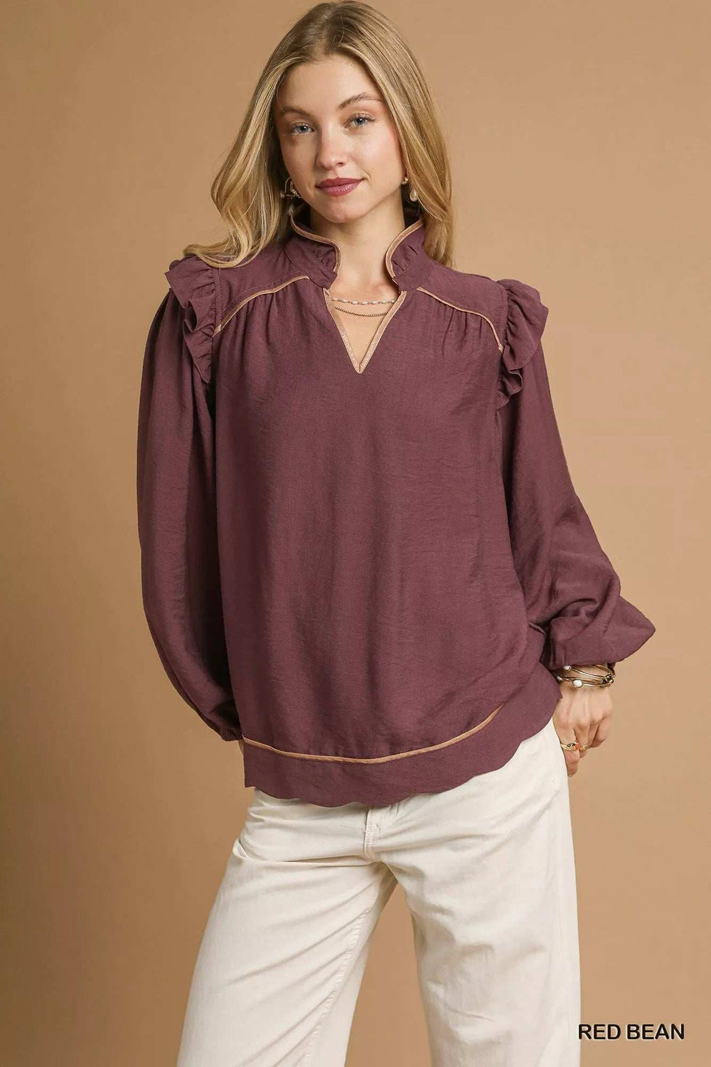 Umgee Ruffle Shoulder Long Sleeve Blouse - Trendsi - Flyclothing LLC