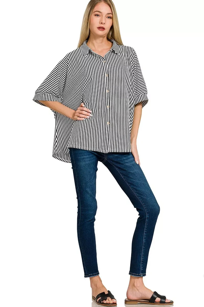 Zenana Oversized Stripe Button Down Shirt - Trendsi - Flyclothing LLC