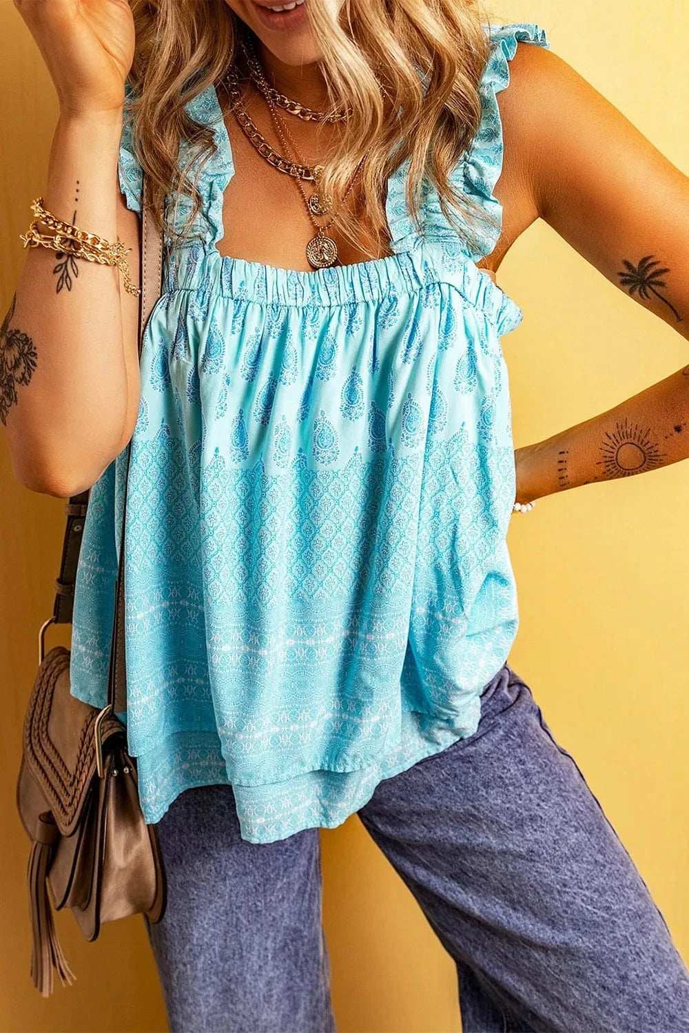 Printed Ruffled Wide Straps Tank - Trendsi - Flyclothing LLC