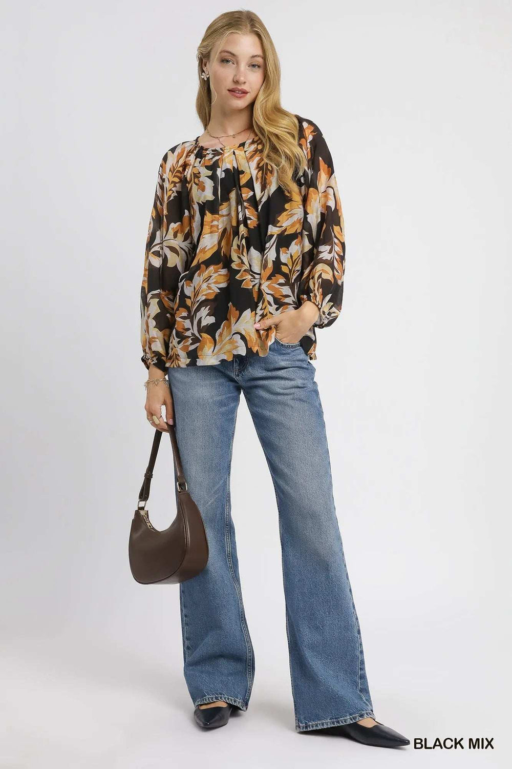 Umgee Autumn Leaf Print Balloon Sleeve Blouse - Trendsi - Flyclothing LLC