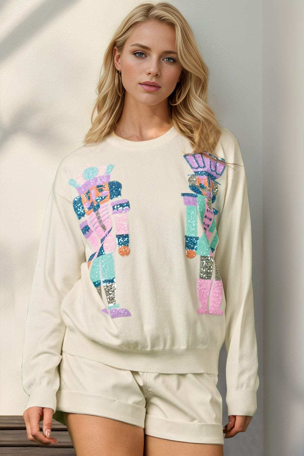 Double Take Full Size Sequin Nutcracker Long Sleeve Sweater - Trendsi - Flyclothing LLC