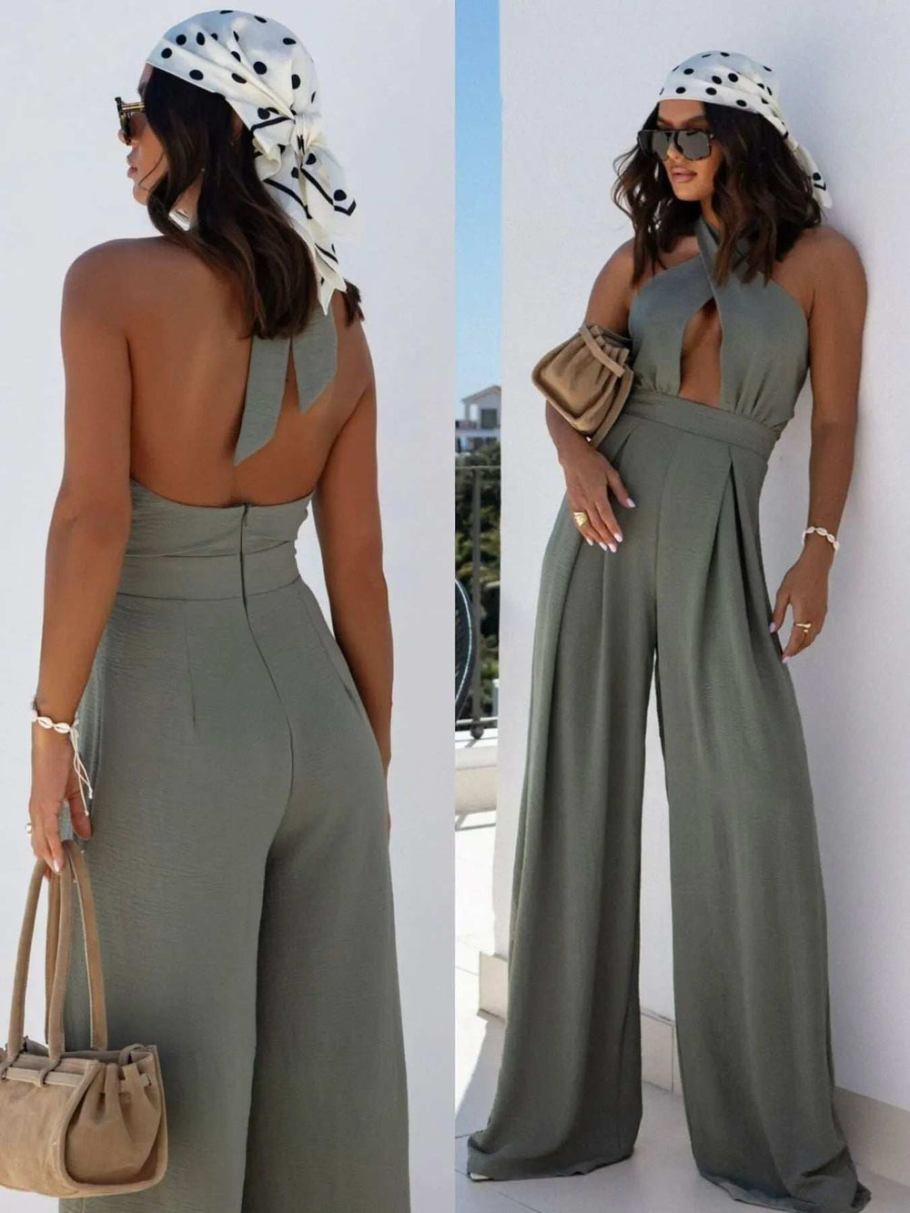 Wide Leg Cutout Halter Neck Jumpsuit - Trendsi - Flyclothing LLC