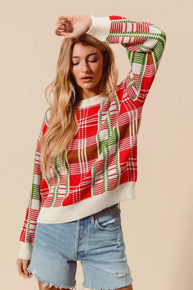 SO ME Christmas Color Checkered Plaid Crew Neck Sweater - Trendsi - Flyclothing LLC
