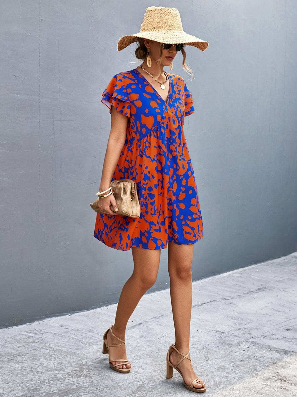 Ruffled Printed V-Neck Short Sleeve Mini Dress - Trendsi - Flyclothing LLC