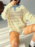 Striped Polo Collar Long Sleeve Sweater - Trendsi - Flyclothing LLC